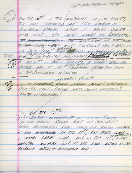 Email of the Iowa Birdline update for October 10, 1994. Highlights of the update include details on the later passerine migration, including sightings of Yellow-rumped Warblers and White-throated Sparrows. Also of note was the observation of thirteen species of Sparrows in central Iowa and a report from a hawk watch held at Grammer Grove Park, including sightings of 26 Swainson's Hawks and 55 Red-tailed Hawks. Also included are handwritten notes for the next week's update with sightings of an Ibis and a Red-necked Grebe.