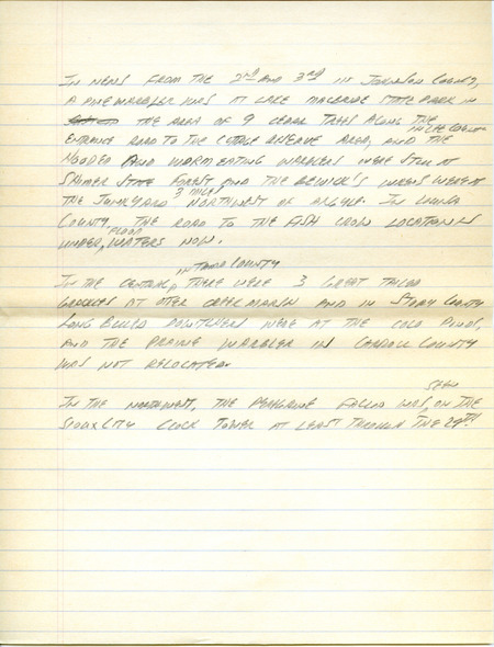 Iowa RBA update for May 1, 1995. Highlights of the update include sightings of the continued presence of a Fish Crow, two Bewick's Wrens, Long-tailed Duck, Yellow Rail, and several species of warblers. Also included are handwritten notes for the next week's update with sightings of three Great-tailed Grackles and Long-billed Dowitchers.