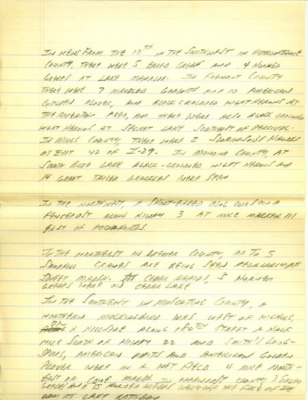 Iowa Birdline update for April 10-12, 1995. Highlights of the update include sightings of Smith's Longspurs, a Cinnamon Teal, Sandhill Cranes and a Chestnut-collared Longspur. Also included are handwritten notes for the next week's update with sightings of five Eared Grebes, four Horned Grebes and a Short-eared Owl.