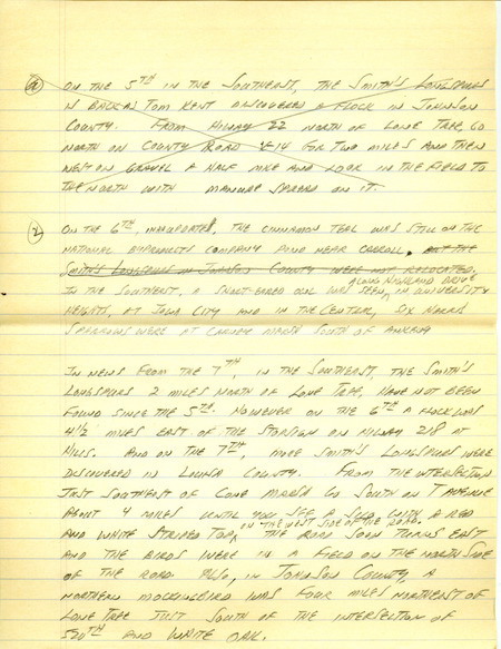 Email for the Iowa Birdline update April 2, 1995. Highlights of the update include sightings of a Reeve (female Ruff), Cinnamon Teal and seven Sandhill Cranes. Also included are handwritten notes for the next week's update with sightings of a flock of Smith's Longspurs and a Northern Mockingbird.