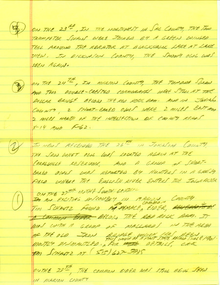 Email for the Iowa Birdline update for January 23, 1995. Highlights of the update include sightings of a Snowy Owl, Bohemian Waxwing, Varied Thrush and Long-tailed Duck. Also included are handwritten notes for the next week's update with sightings of a female Common Eider, Northern Saw-whet Owl and a group of Short-eared Owls.