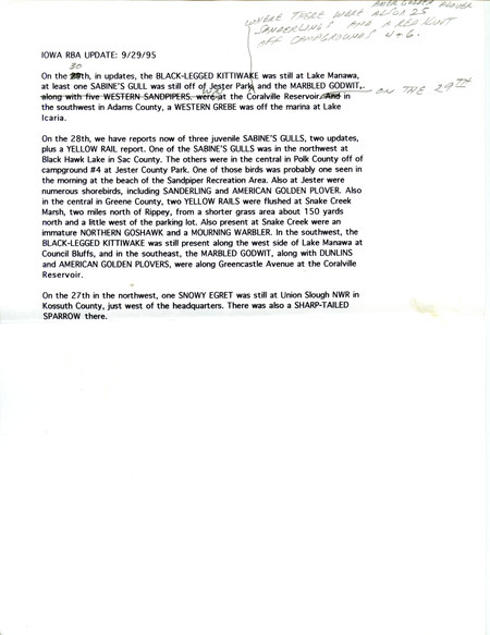 Iowa RBA update for September 19-29, 1995. Highlights of the update include sightings of a Red Phalarope, Black-legged Kittiwake, Jaeger (species unidentified), Marbled Godwit and three juvenile Sabine's Gulls.