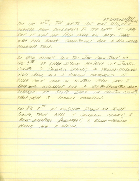 Iowa RBA update for September 4-5, 1995. Highlights of the update include sightings of a Black-throated Blue Warbler, four Sandhill Cranes, White Ibis, Ruddy Turnstone and two Black-bellied Plovers. Contains numerous reports of Red-breasted Nuthatch sightings. Also included are handwritten notes for the next week's update with sightings of a juvenile Sabine's Gull and a Yellow-crowned Night Heron.
