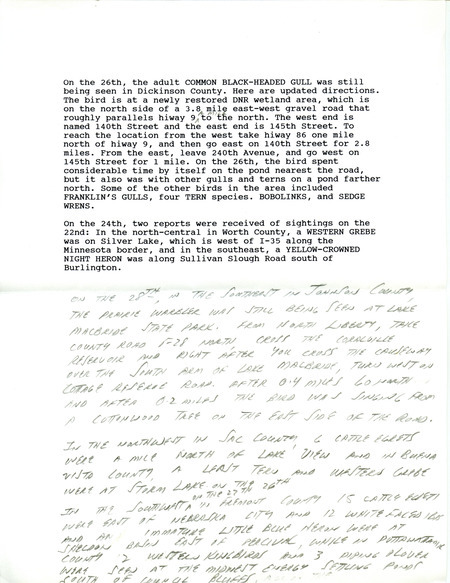 Iowa RBA update for June 24-26, 1996. Highlights of the update include sightings of an adult Common Black-headed Gull, Franklin's Gulls, three Tern species and a Hooded Merganser. Also included are handwritten notes for the next week's update with sightings of fifteen Cattle Egrets, twelve White-faced Ibis and an immature Little Blue Heron.