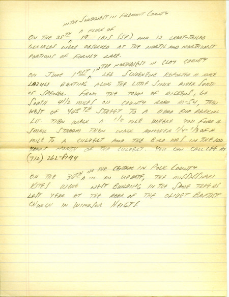 Iowa RBA update for May 27, 1996. Highlights of the update include sightings of Mississippi Kites, Red-necked Grebe, White-winged Scoter, Worm-eating Warbler and a Bewick's Wren. Also included are handwritten notes for the next week's update with sightings of a male Lazuli Bunting and twelve Great-tailed Grackles.