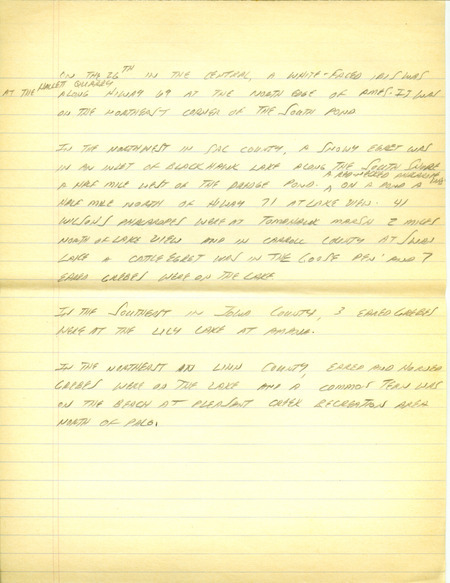 Iowa RBA update for April 22, 1996. Highlights of the update include sightings of Little Gull, Red-throated Loon, Snowy Egret, Marbled Godwit and a Fish Crow. Also included are handwritten notes for the next week's update with sightings of Willets, Dunlins and Wilson's Phalaropes.