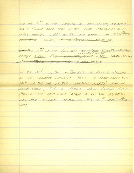 Iowa RBA update for April 8, 1996. Highlights of the update include sightings of a Cassin's Finch, Cinnamon Teal, Smith's Longspur, Glaucous Gull and Sandhill Cranes. Also included are handwritten notes for the next week's update with sightings of a Mute Swan at Otter Creek March.