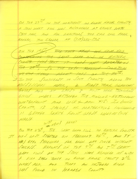Iowa RBA update for February 26, 1996. Highlights of the update include sightings of a Great Grey Owl, Thayer's Gull, White-winged Crossbills and a Red-shouldered Hawk. Also included are handwritten notes for the next week's update with sightings of thirteen species of waterfowl including eleven Greater White-fronted Geese.
