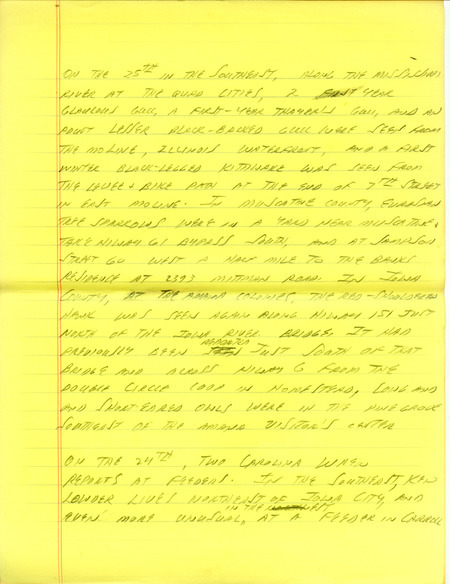 Iowa RBA update for January 22, 1996. Highlights of the update include sightings of White-winged Crossbills, Long-tailed Duck, Glaucous Gull, Thayer's Gull, Lesser Black-backed Gulls and a Northern Saw-whet Owl. Also included are handwritten notes for the next week's update with sightings of Eurasian Tree Sparrows and a Red-shouldered Hawk.