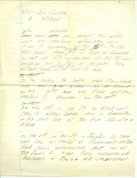 Notes for the Iowa RBA update for September 29, 1997. Highlights of the notes include sightings of a Eurasian Collared Dove, 16 Swainson's Hawks, and a Red Crossbill. Also of note was the observation of 10 species of shorebirds, including a Long-billed Dowitcher, a Stilt Sandpiper, and a White-rumped Sandpiper.