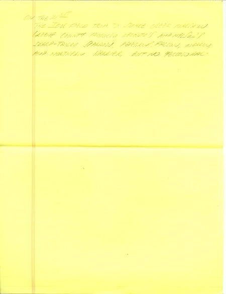 Iowa RBA update for September 16, 1996. Highlights of the update include sightings of Snowy Egrets, Little Blue Herons, and a Red-necked Phalarope. Other interesting observations include a Ringed Turtle-Dove, 14 species of Warblers, and 11 species of raptors, including a Red-Shouldered Hawk. Also included are handwritten notes for the next week's update with sightings of Black-throated Blue Warblers and a Yellow Rail, as well as notes from an IOU field trip to Snake Creek State Game Management Area.