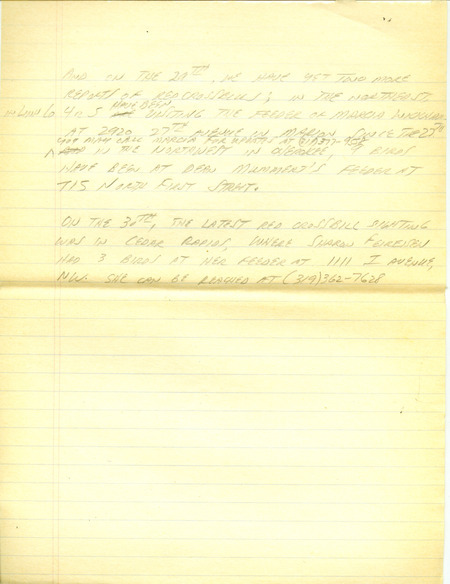 Iowa RBA update for July 29, 1996. Highlights of the update include details on a summer invasion of Red Crossbills with five additional reports from around the state. Other interesting observations were of a Worm-eating Warbler, a Snowy Egret, a flyover of a Mississippi Kite. Also included are handwritten notes for the next week's update with more sightings of Red Crossbills.