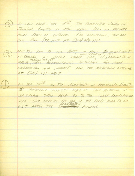 Iowa RBA update for July 15, 1996. Highlights of the update include sightings of Red Crossbills, a Prairie Warbler, a White-faced Ibis, a Mississippi Kite, and the continued presence of a Black-headed Gull. Also of note were observations of numerous species of shorebirds at Rathbun Lake and near Lake View. Also included are handwritten notes for the next week's update with sightings of an American Avocet and a Trumpeter Swan.