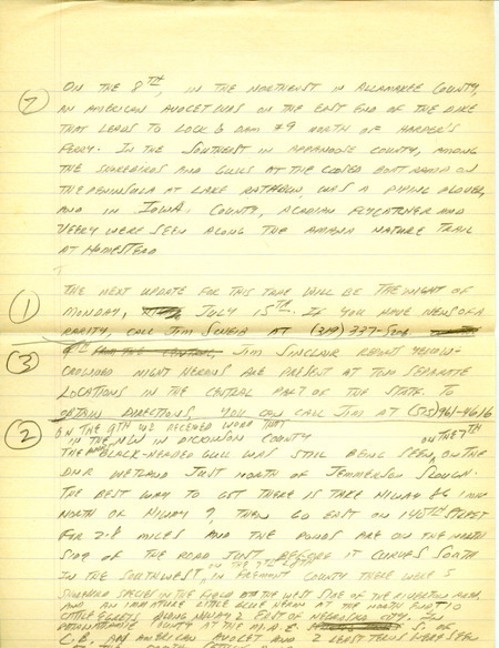 Iowa RBA update for July 8, 1996. Highlights of the update include a sighting of a Red-necked Grebe and the release of four Trumpeters Swans at Anderson Goose Lake. Also included are handwritten notes for the next week's update with sightings of an American Avocet, a Piping Plover, and the continued presence of a Black-headed Gull.