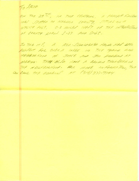 Iowa RBA update for January 27, 1997. Highlights of the update include the continued presence of an immature Pinyon Jay and a Common Redpoll. Also of note were observations of an adult Snowy Owl, three Long-tailed Ducks, and two White-winged Scoters. Also included are handwritten notes for the next week's update with sightings of a Prairie Falcon and a Red-shouldered Hawk.