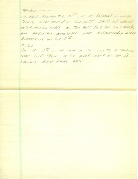 Iowa RBA update for March 10, 1997. Highlights of the update include many new arrivals to the state, including American White Pelicans, Turkey Vultures, and an Eastern Phoebe. Also of note was the continued presence of at least one Great Gray Owl and an immature Pinyon Jay as well as the observation of a first-year Thayer's Gull. Also included are handwritten notes for the next week's update with sightings of American Woodcocks and a Sandhill Crane.