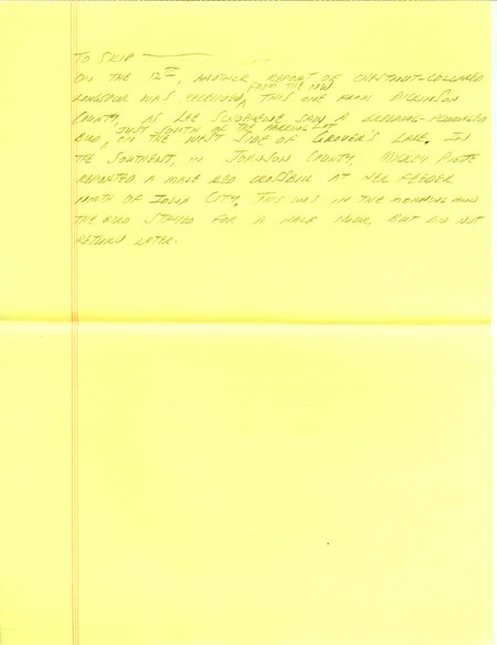 Iowa RBA update for April 7, 1997. Highlights of the update include a couple of new arrivals, including a Brown Thrasher and a Yellow-rumped Warbler. Also of note were sightings of thirty Smith's Longspurs and a Spotted Towhee. Also included are handwritten notes for the next week's update with sightings of Chestnut-collared Longspurs, Common Loons, and a drake Cinnamon Teal.