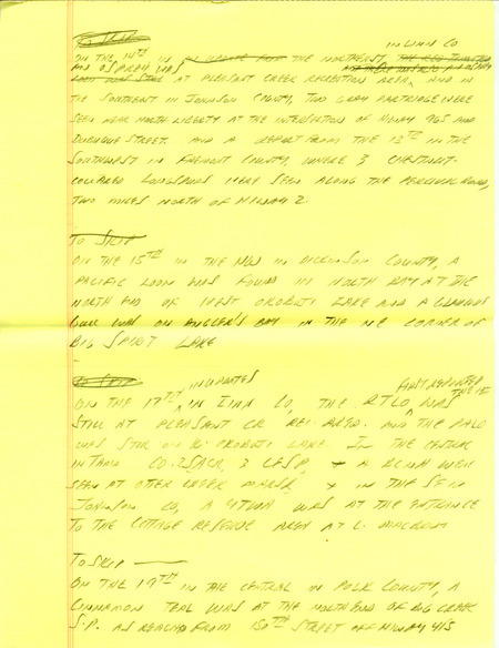 Iowa RBA update for April 14, 1997. Highlights of the update include sightings of Chestnut-collared Longspurs, Red Crossbills, a Red-throated Loon, a Townsend's Solitaire, and a drake Cinnamon Teal. Other interesting observations were of an American Avocet, Smith's Longspurs, and Henslow's Sparrows. Also included are handwritten notes for the next week's update with sightings of two Gray Partridges and a Pacific Loon.
