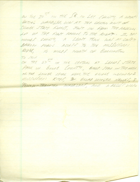 Iowa RBA update for June 23, 1997. Highlights of the update include a Black-headed Gull, a Laughing Gull, a Whimbrel and a Marbled Godwit. Also of note were observations of Mississippi Kites at multiple locations in the central part of the state and Prairie Warblers in Johnson County. Also included are handwritten notes for the next week's update with sightings of a Worm-eating Warbler, a Least Tern, and a Bell's Vireo.