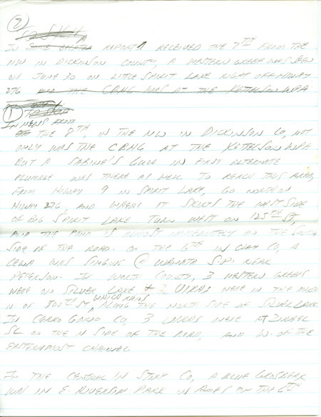 Iowa RBA update for July 7, 1997. Highlights of the update include sightings of a King Rail, Little Blue Herons, and an American Avocet. Also of note were observations of a Worm-eating Warbler in southeast Iowa and Mississippi Kites from four different locations in the central part of the state. Also included are handwritten notes for the next week's update with sightings of a Sabine's Gull and Blue Grosbeak.