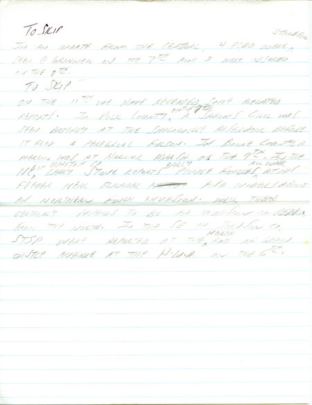 Iowa RBA update for September 8, 1997. Highlights of the update include the continued presence of Eurasian Collared Doves in Grinnell and sightings of Marbled Godwit and Red-necked Phalarope. Also included are handwritten notes for the next week's update with sightings of a Sabine's Gull, Purple Finches, and a Merlin.