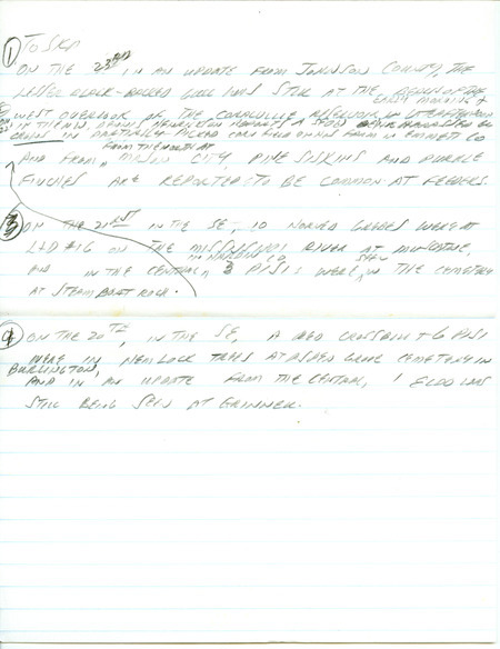 Iowa RBA update for October 20, 1997. Highlights of the update include the continued presence of Eurasian Collared Doves and sightings of a Sabine's Gull and a Lesser Black-backed Gull. Also of note was the observation of ten species of Sparrows at the Hawkeye Wildlife Management Area, including Nelson's Sharp-tailed and Harris'. Also included are handwritten notes for the next week's update with sightings of Pine Siskins, Purple Finches, and a Red Crossbill.