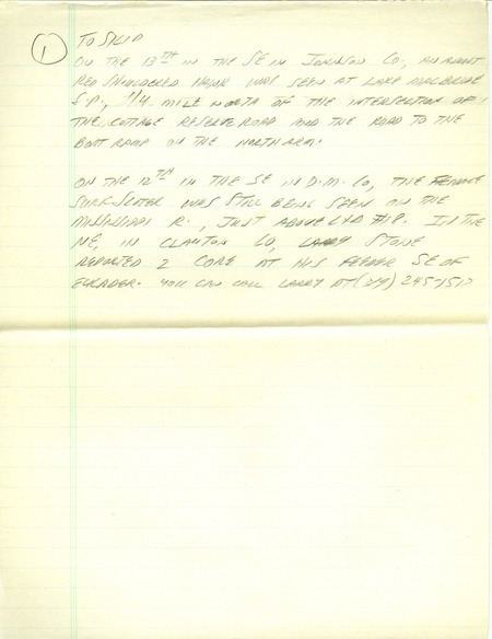 Email of the Iowa RBA update for November 10, 1997. Highlights of the update include numerous outstanding sightings, including a male Pine Grosbeak, an Evening Grosbeak, a first year Great Black-backed Gull, and a first year Thayer's Gull. Also of note were observations of White-winged Scoters, White-winged Crossbills, a Bohemian Waxwing, and a Spotted Towhee. Also included are handwritten notes for the next week's update with sightings of a Red-shouldered Hawk, a female Long-tailed Duck, and 8 adult Trumpeter Swans.
