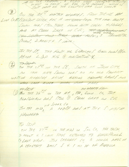 Iowa RBA update for November 24, 1997. Highlights of the update include sightings of a Bohemian Waxwing, White-winged Crossbills, Common Redpolls, Long-tailed Ducks, and a first year Glaucous Gull. Also of interest were reports of an exotic Eurasian Goldfinch and an unconfirmed report of Harlequin Ducks. Also included are handwritten notes for the next week's update with sightings of a Northern Shrike and an immature Mute Swan.