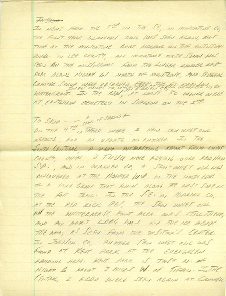Email for the Iowa RBA for February 2, 1998. Highlights include Prairie Falcon, Glaucous Gull, and Eurasian Collared Dove. Includes hand written notes in preparation for next week's update.