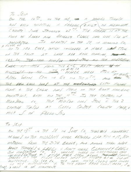 Email for the Iowa RBA for February 9, 1998. Highlights include Common Raven, Snowy Owl, Common and Hoary Redpolls, California, Glaucous and Lesser Black-backed Gulls, and Eurasian Collared Dove. Includes hand written notes in preparation for next week's update.