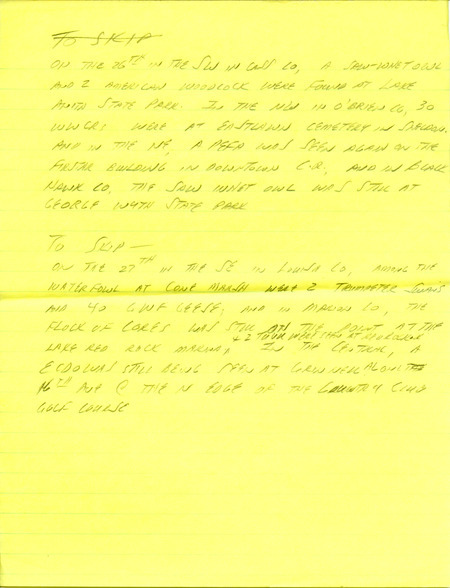 Email for the Iowa RBA for February 23, 1998. Highlights include Sprague's Pipit, Merlins and Ross' Goose. Includes hand written notes in preparation for next week's update.