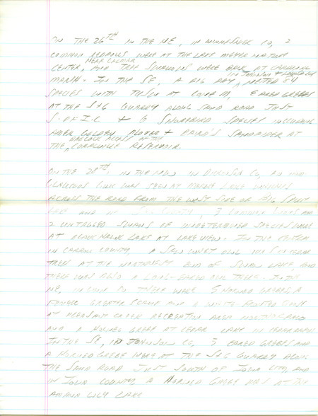 Notes for the Iowa RBA for March 23, 1998. Highlights include Tundra Swans and a Fish Crow. Includes hand written notes in preparation for next week's update.