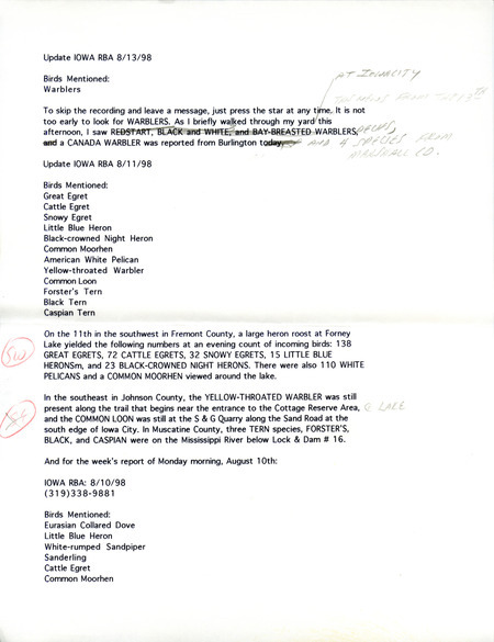 Iowa RBA for August 10, 1998. Highlights include Eurasian Collared Dove and Little Blue Heron. Includes notes for updates for August 13, August 14, and August 15.