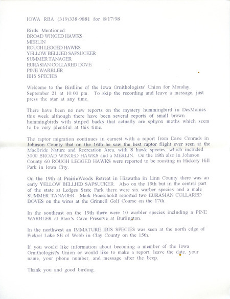 Iowa RBA for September 21, 1998. Highlights include reports on the raptor migration and an early Yellow-bellied Sapsucker.