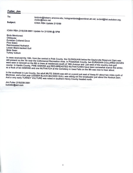 Email for the Iowa RBA for February 8, 1999. Highlights include Mountain Bluebird, Glaucous Gull, Thayer's Gull, and Great Black-backed Gull. Includes notes for updates for February 9, and February 10.