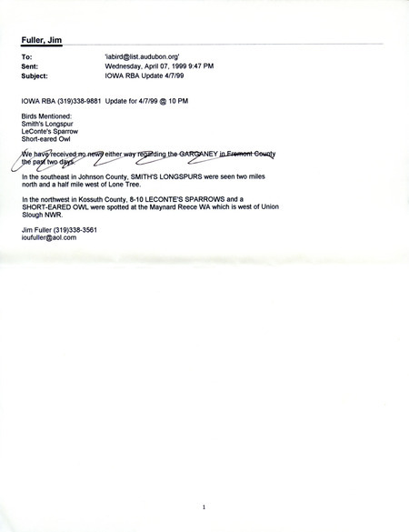 Email for the Iowa RBA for April 5, 1999. Highlights include Garganey, White-faced Ibis, Black-headed Gull, and Fish Crow. Includes notes for updates for April 7, April 8, April 9, and April 10.