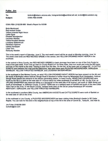 Email for the Iowa RBA for June 5, 1999. Highlights include Red-necked Grebe, and Yellow-crowned Night Heron.