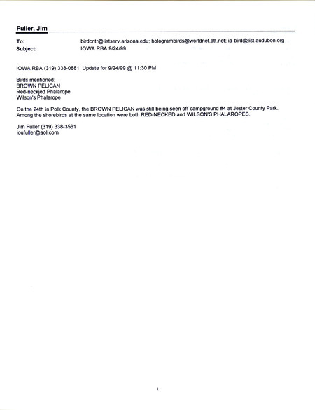 Six emails of Iowa RBA updates for September 20-24, 1999. Highlights of the updates include sightings of a Sharp-tailed Sandpiper, Brown Pelican, a Yellow-crowned Night Heron, a Black-crowned night Heron, and a Marbled Godwit.