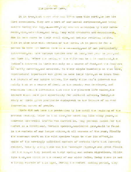 Lecture notes. Presentation by Oscar Allert read before the Monona Garden Club, Monona, Iowa, on February 20, 1934. Allert talks about birds and the need for their conservation.