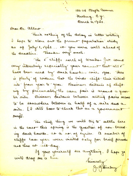Letter from Joseph Hickey to Oscar Allert dated March 6, 1940. Hickey thanks Allert for responding to his request for information regarding Peregrine Falcon sightings.