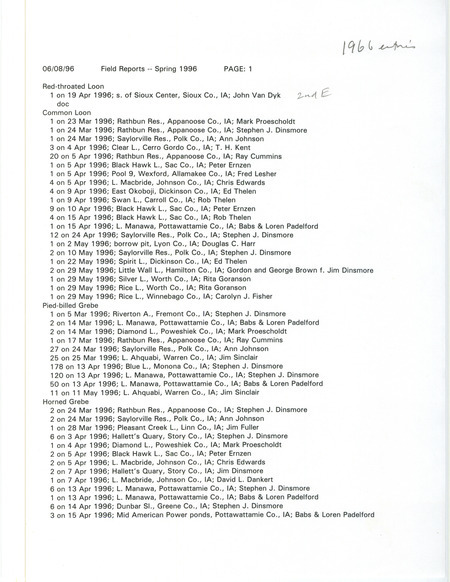 A list of bird sightings organized by species, June 8, 1996. The list also contains the number of birds seen, date of sighting, location, and observer of each species. This item was used as supporting documentation for the Iowa Ornithologists' Union Quarterly field report of spring 1996.