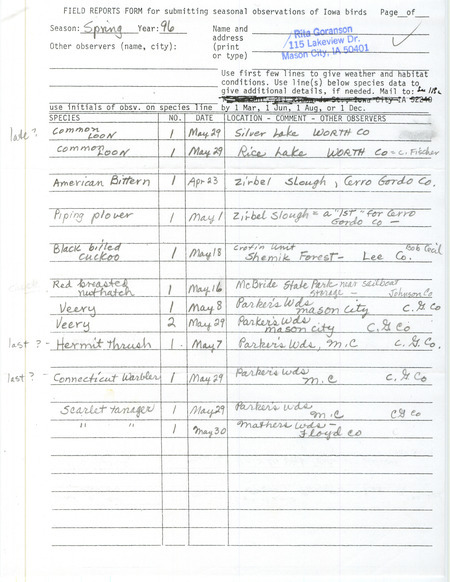 Spring report of birds and locations contributed by Rita Goranson. This item was used as supporting documentation for the Iowa Ornithologists' Union Quarterly field report of spring 1996.