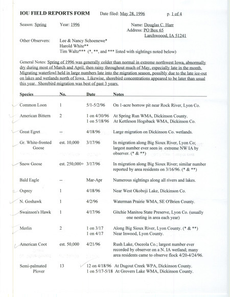 Spring report of birds found in northwest Iowa contributed by Douglas C. Harr. This item was used as supporting documentation for the Iowa Ornithologists' Union Quarterly field report of spring 1996.
