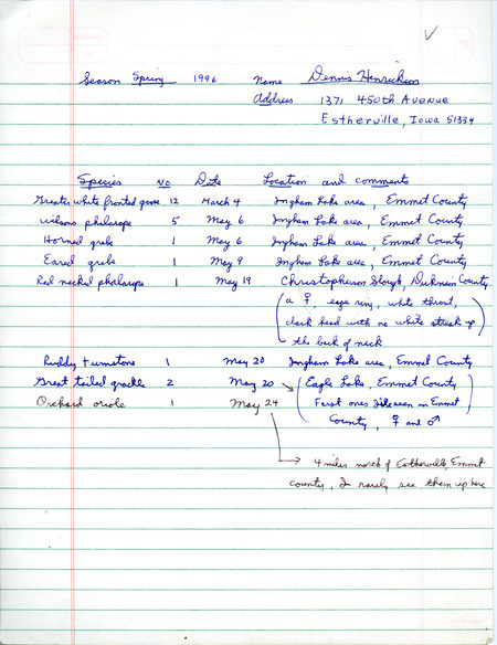 Spring report of birds found in northwest Iowa contributed by Dennis Henrickson. This item was used as supporting documentation for the Iowa Ornithologists' Union Quarterly field report of spring 1996.