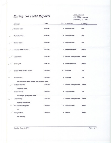 Spring report of birds and locations contributed by Ann Johnson. This item was used as supporting documentation for the Iowa Ornithologists' Union Quarterly field report of spring 1996.