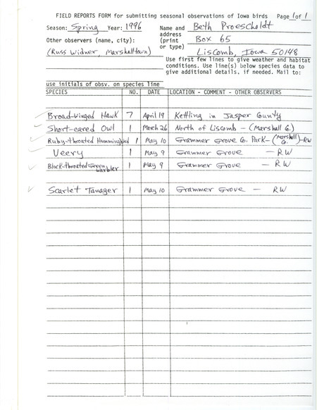 Spring report of birds found in Jasper County and Marshall County contributed by Beth Proescholdt. This item was used as supporting documentation for the Iowa Ornithologists' Union Quarterly field report of spring 1996.