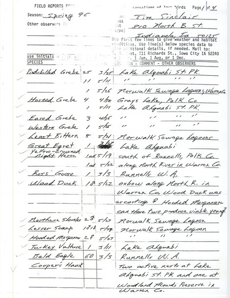 Spring report of birds and locations contributed by Jim Sinclair. This item was used as supporting documentation for the Iowa Ornithologists' Union Quarterly field report of spring 1996.