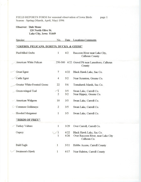 Spring report of birds and locations contributed by Dale Stone. This item was used as supporting documentation for the Iowa Ornithologists' Union Quarterly field report of spring 1996.