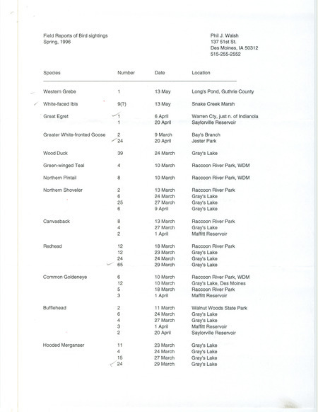 Spring report of birds contributed by Philip J. Walsh. This item was used as supporting documentation for the Iowa Ornithologists' Union Quarterly field report of spring 1996.