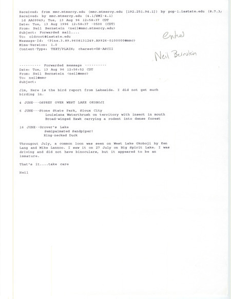 List of birds and locations contributed by Neil Bernstein. This item was used as supporting documentation for the Iowa Ornithologists' Union Quarterly field report of summer 1996.